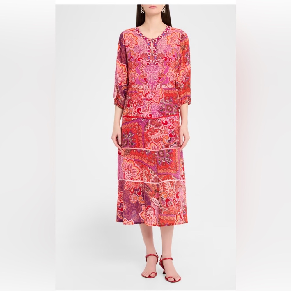 Johnny Was Pink and Red Paisley Tiered Midi Dress, NWT.